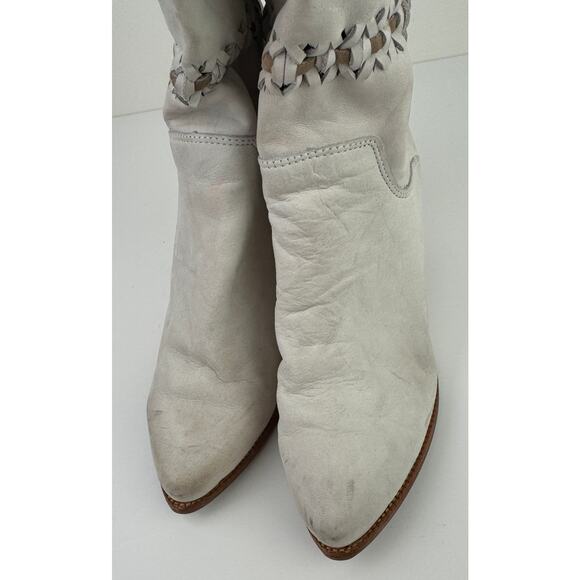 ZODIAC White Leather Almond Toe Woven Self Tie Mid-Calf Bootie Size 8.5 VINTAGE - Picture 3 of 8